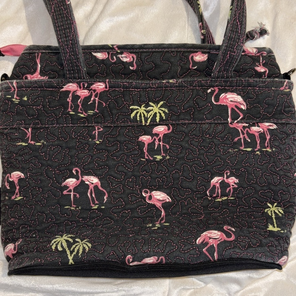 DONNA SHARP FLAMINGO NAVY BLUE AND PINK CANVAS TOTE/SHOULDER BAG ZIPPER CLOSURE - Picture 5 of 11
